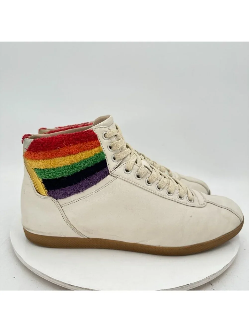 Gucci Men Sz UK 9.5D US 10 White Leather Lace Up Rainbow Heel Collar Mid Shoes